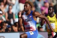 Noah Lyles of Team United States competes in the Men's 4x100m Relay heats on day eight of the World Athletics Championships Oregon22